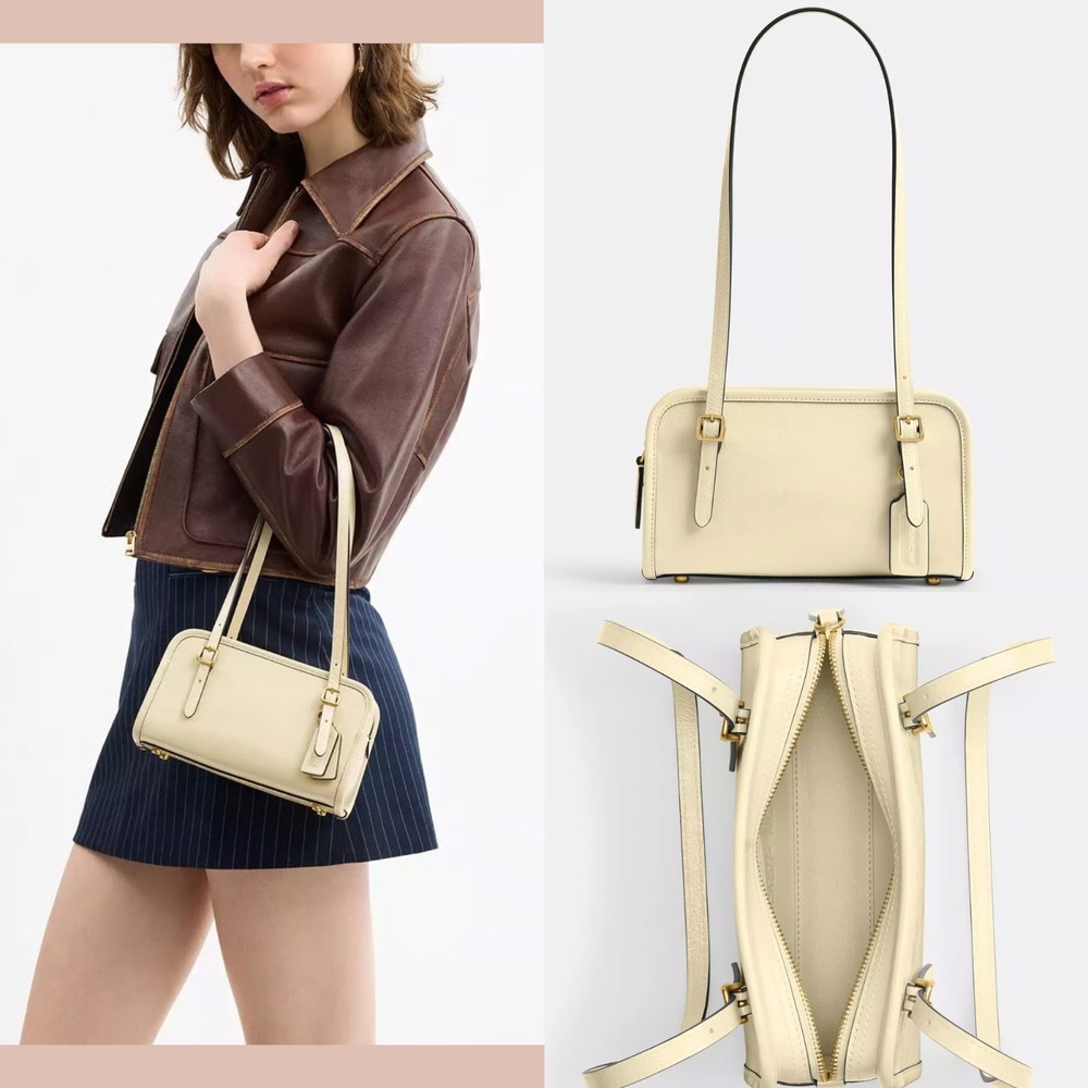NWT $295 Coach Swing Zip Bag 20 in Brass/Moonlight Cream Crinkle Patent Leather